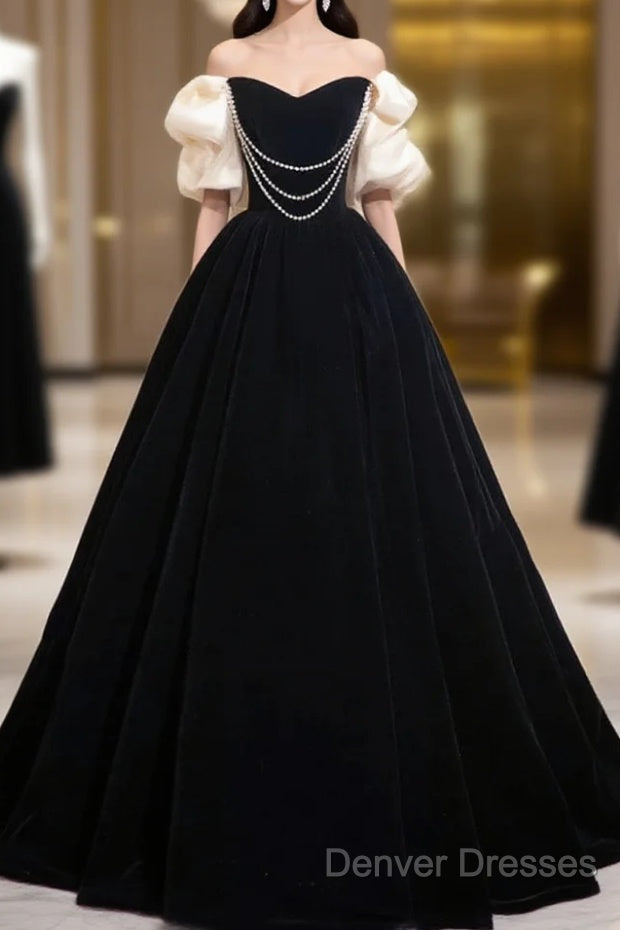 Black Velvet Floor Length Prom Dress, Off The Shoulder A-Line Evening Party Dress Main image