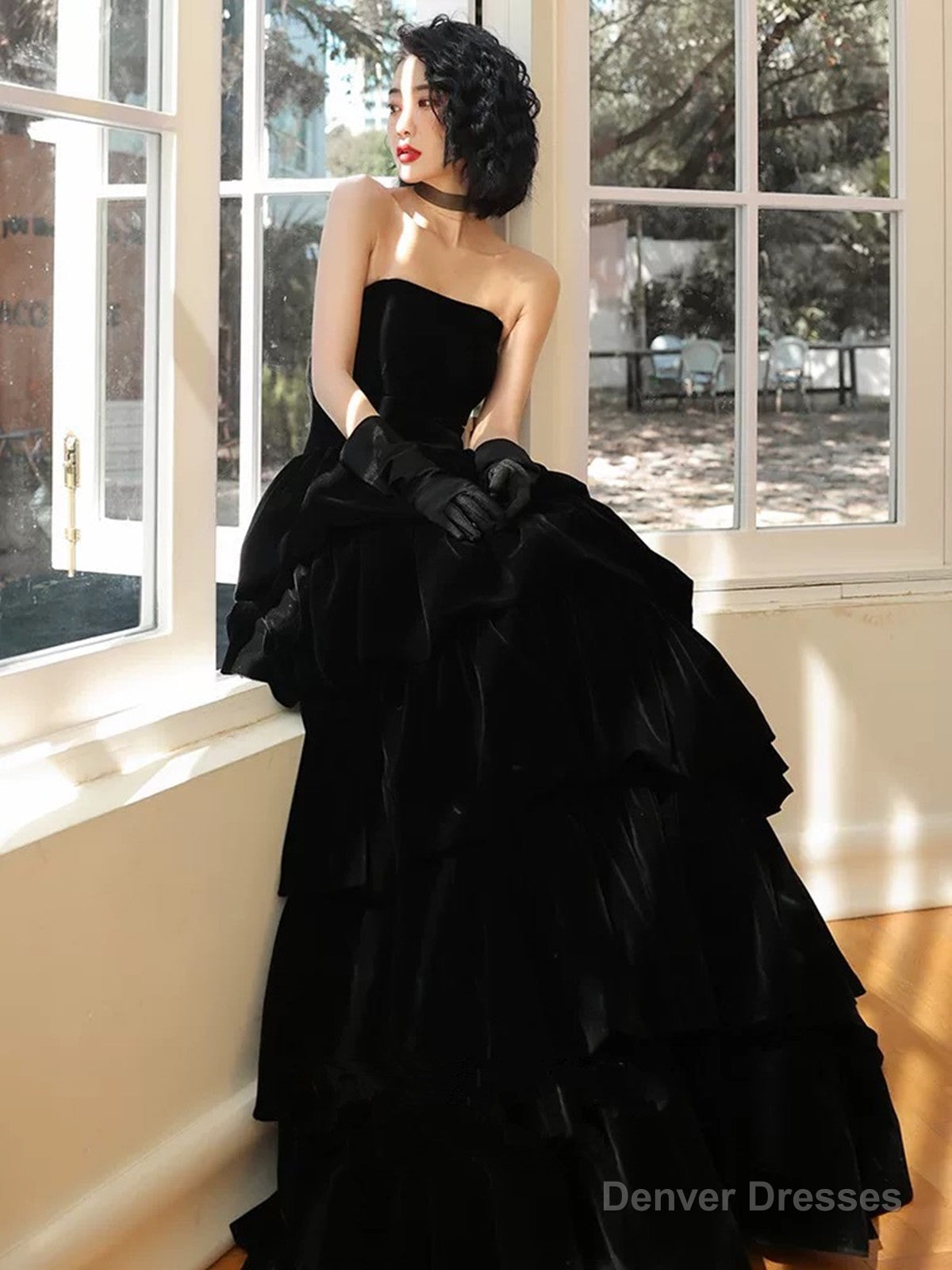 Black Velvet Layers Strapless Long A-line Prom Dress, Black Velvet Formal Dress Secondary image