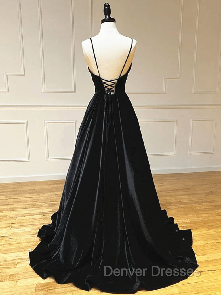 Black Velvet Long A-line Low Back Prom Dress Black V Neck Wedding Party Dress prom Dress shops