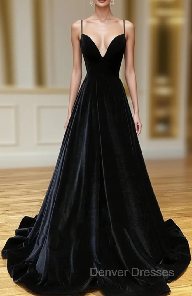 Black Velvet Long A-line Low Back Prom Dress Black V Neck Wedding Party Dress prom Dress shops