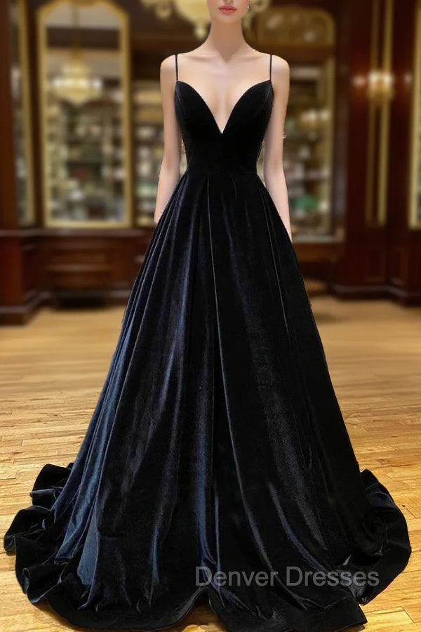 Black Velvet Long A-Line Prom Dress, V-Neck Backless Evening Formal Dress Main image