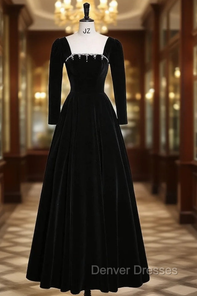Black Velvet Long Sleeve Backless Crystal Prom Dress Main image