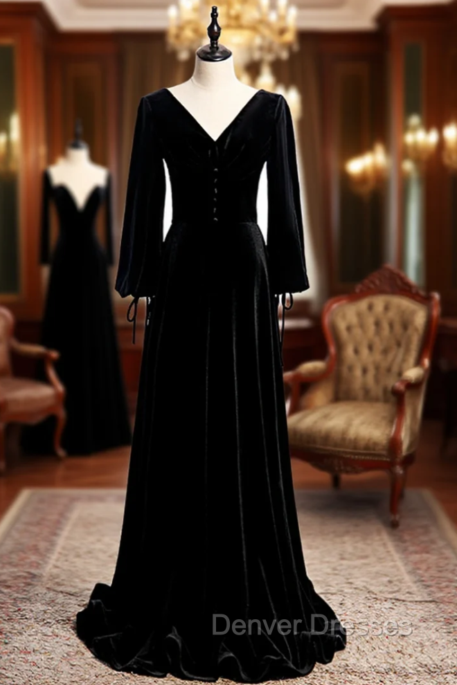 Black Velvet Long Sleeve Button Pleats Prom Dress Main image