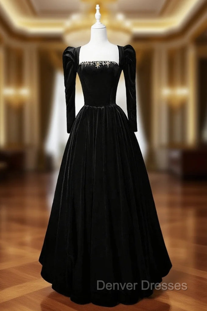 Black Velvet Long Sleeve Crystal Prom Dress Main image