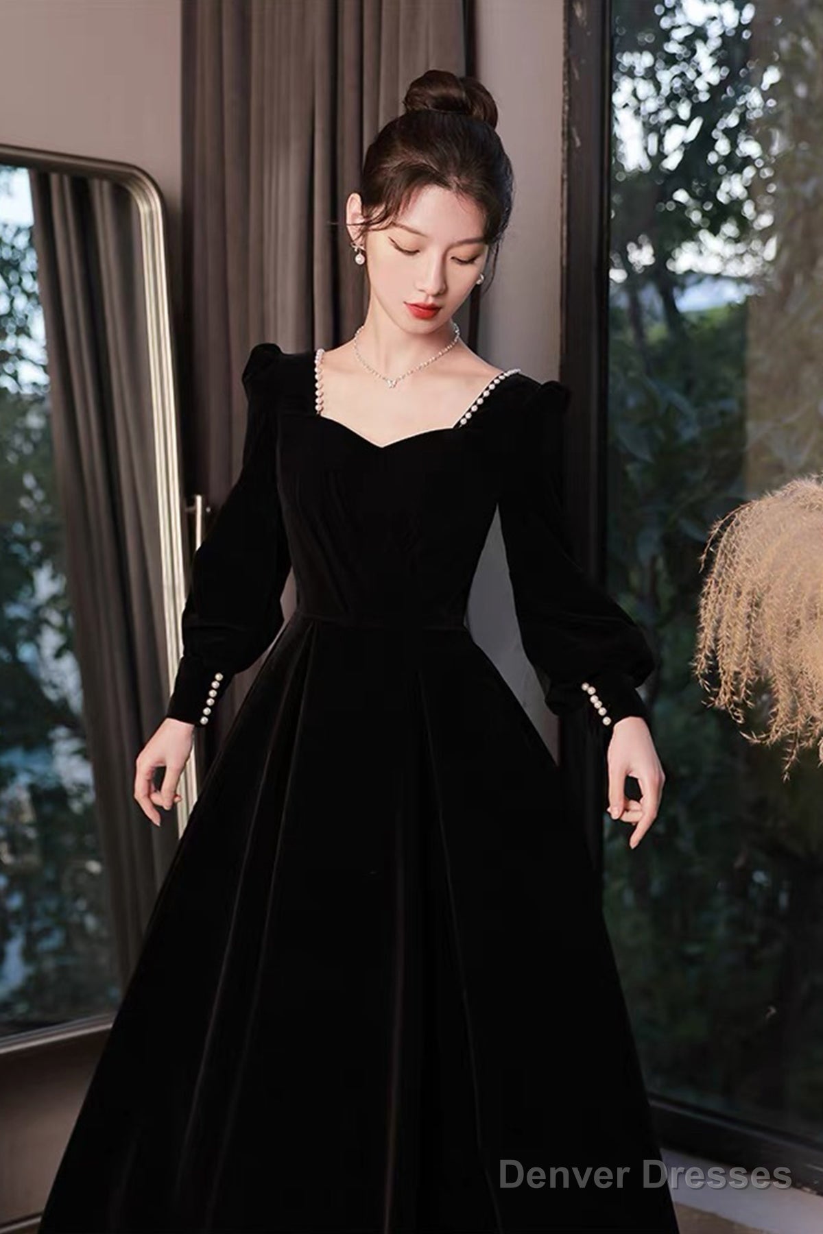 Black Velvet Long Sleeve Party Dress, A-Line Floor Length Formal Evening Dress Secondary image