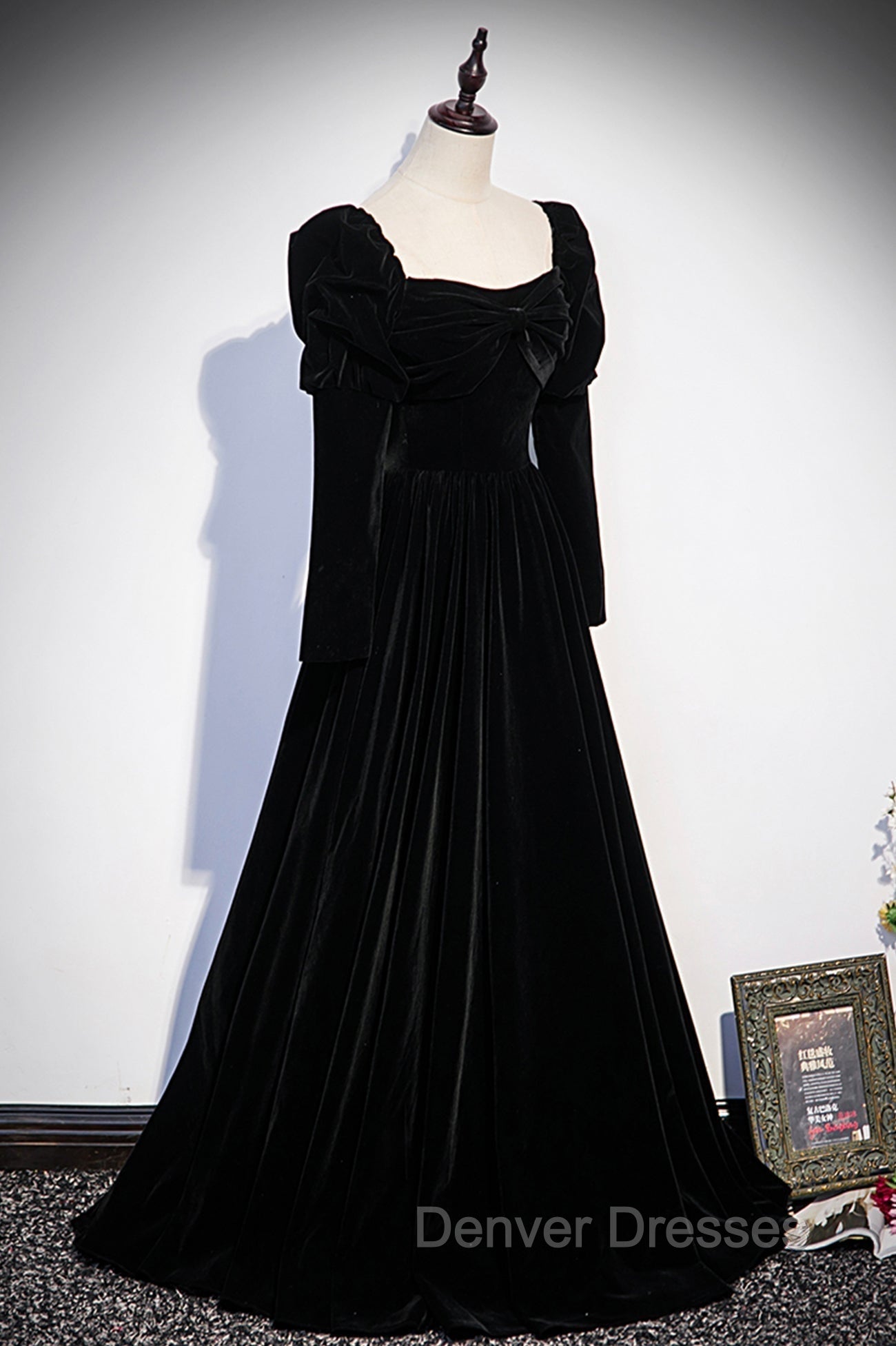 Black Velvet Long Sleeve Prom Dress, A-Line Evening Party Dress Secondary image