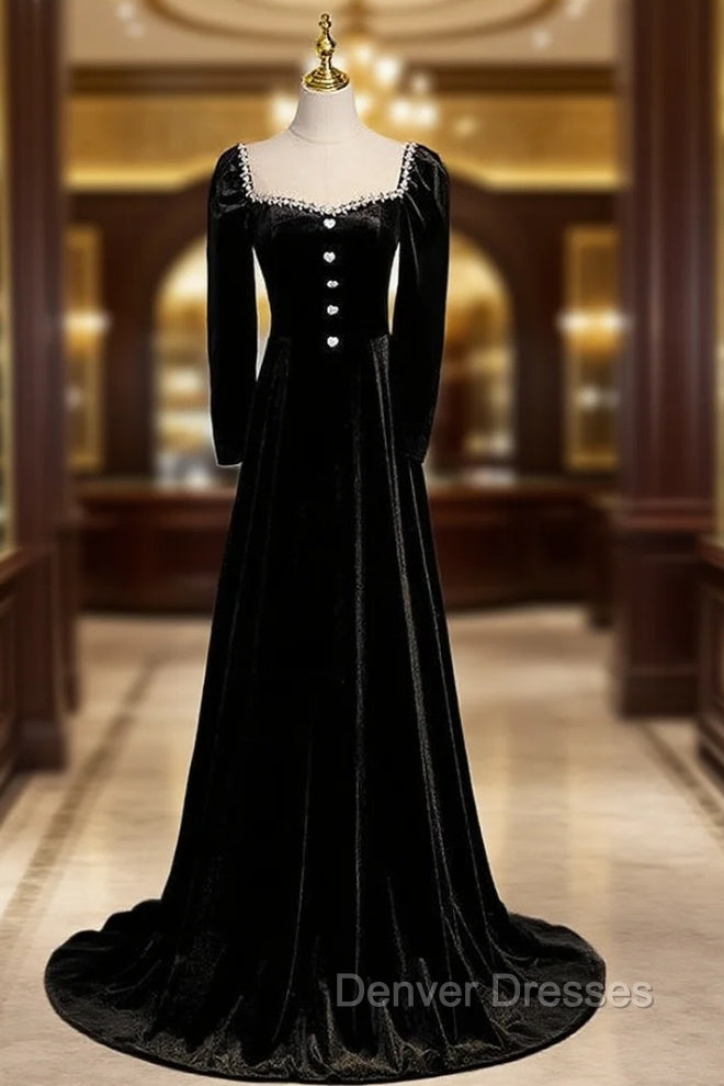 Black Velvet Long Sleeve Square Beading Prom Dress Main image