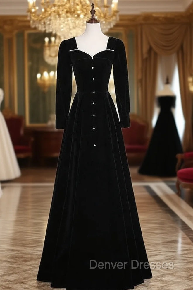 Black Velvet Long Sleeve Square Neck Prom Dress Main image