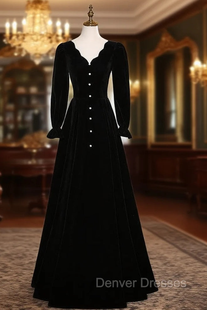 Black Velvet Long Sleeve V-neck Prom Dress Main image