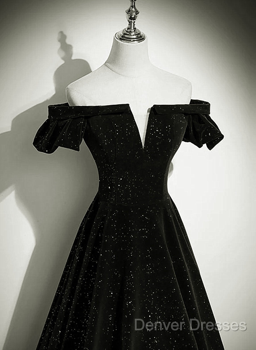 Black Velvet Off Shoulder A-Line Long Prom Dress, Black Simple Wedding Party Dress