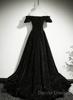 Black Velvet Off Shoulder A-Line Long Prom Dress, Black Simple Wedding Party Dress