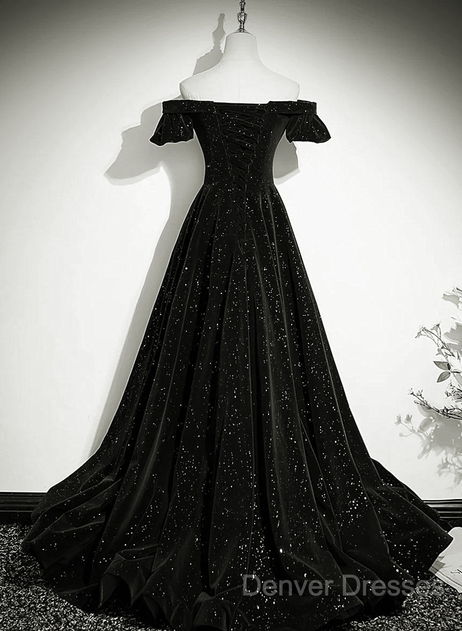 Black Velvet Off Shoulder A-Line Long Prom Dress, Black Simple Wedding Party Dress