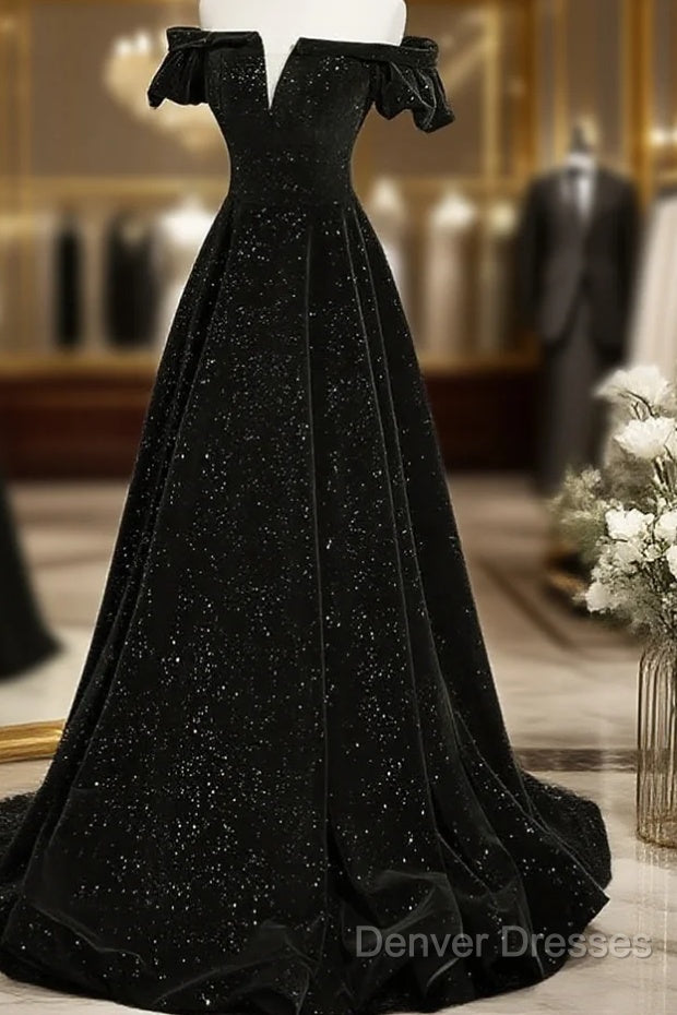 Black Velvet Off Shoulder A-Line Long Prom Dress, Black Simple Wedding Party Dress