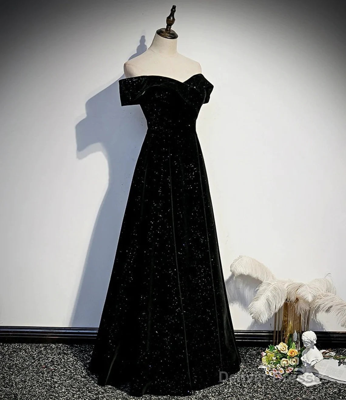 Black Velvet Off Shoulder Long Party Dress, Black Simple Prom Dress Secondary image