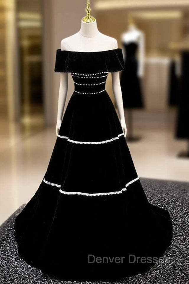 Black Velvet Off the Shoulder Pearls Prom Dress