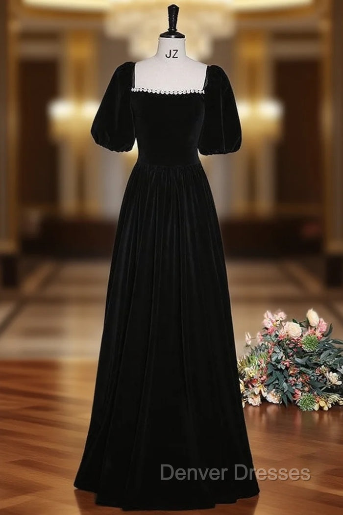 Black Velvet Puff Sleeve Pearls Prom Dress Main image