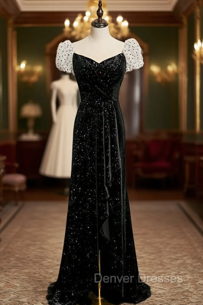 Black Velvet Puff Sleeve Pleats Prom Dress With Split Main image