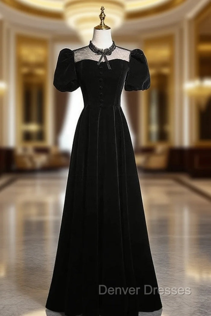 Black Velvet Puff Sleeve Prom Dress Main image