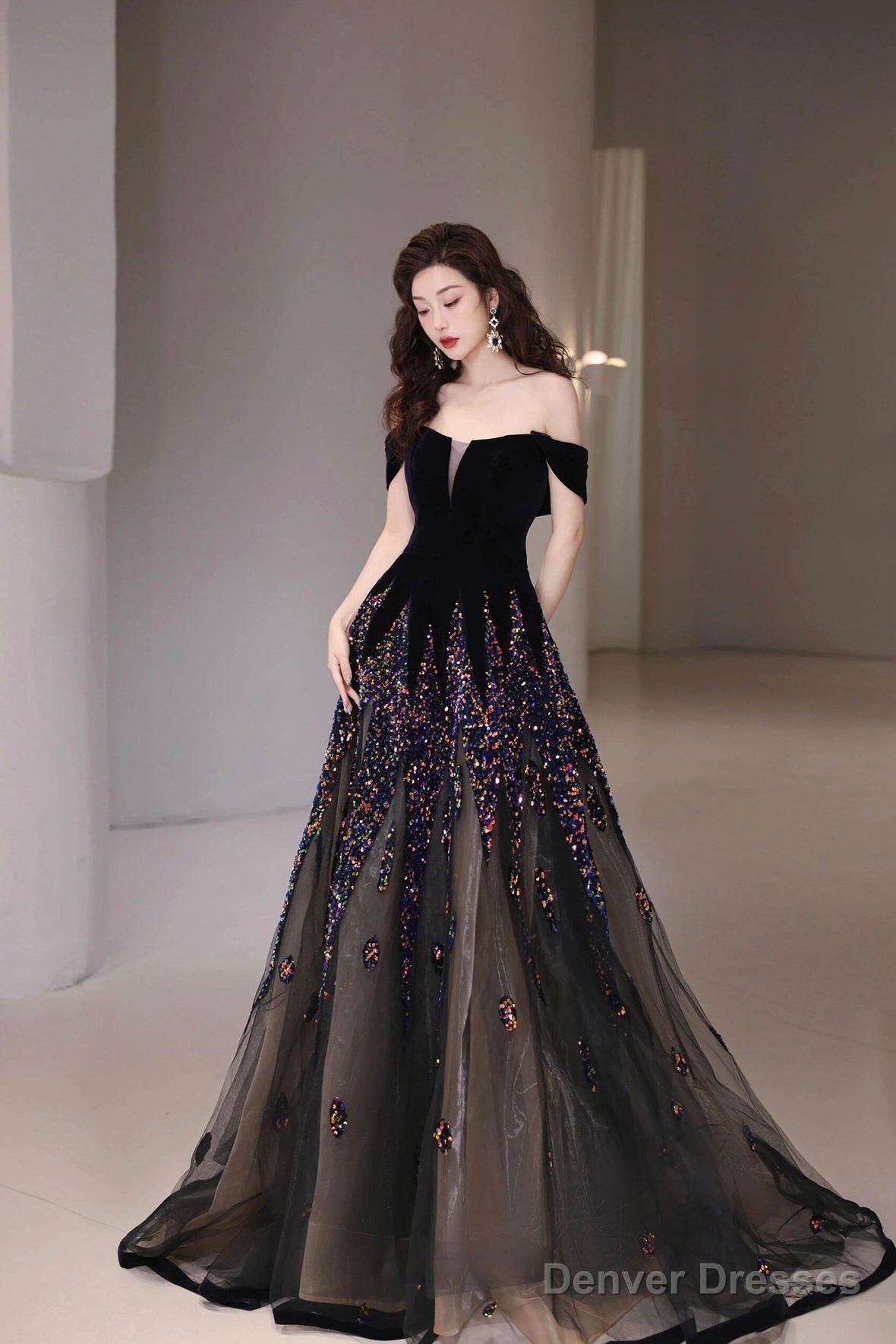 Black Velvet Sequins Long Prom Dress, Beautiful A-Line Tulle Party Dress Main image