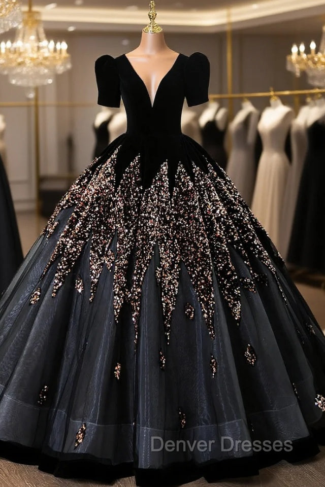 Black Velvet Sequins Short Sleeve Quinceanera Dress Main image