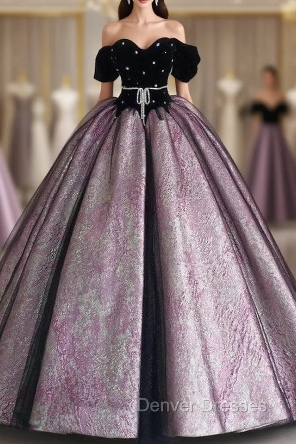 Black Velvet Short Sleeve Ball Gown Prom Dress