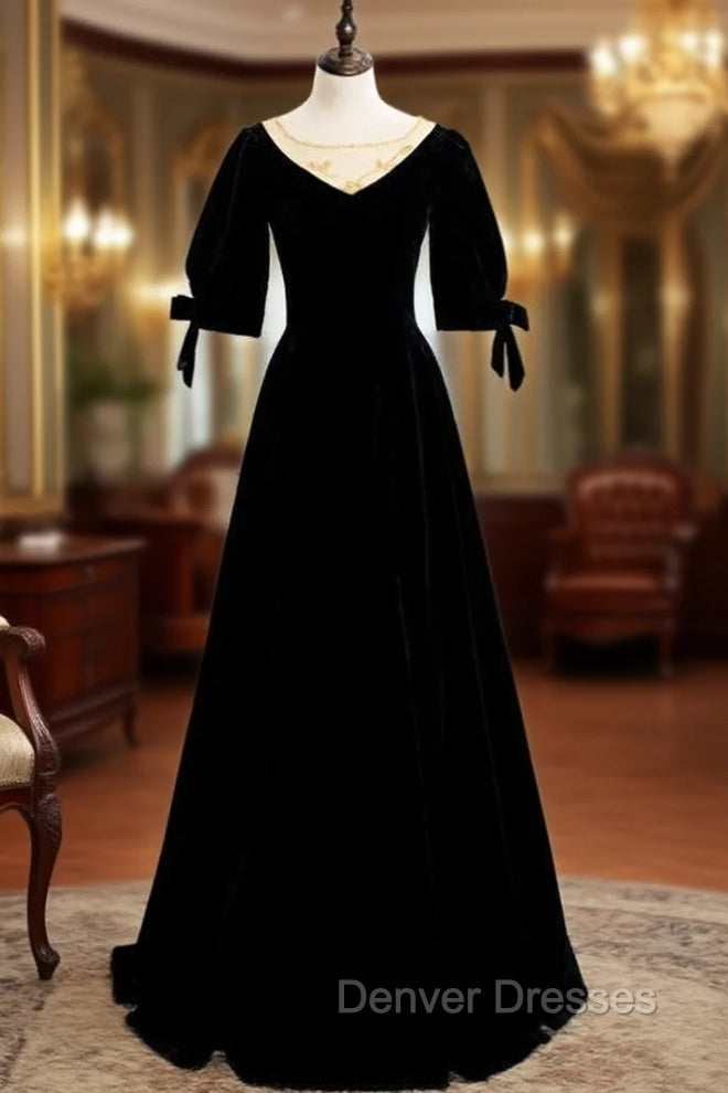 Black Velvet Short Sleeve Beading Prom Dress Main image