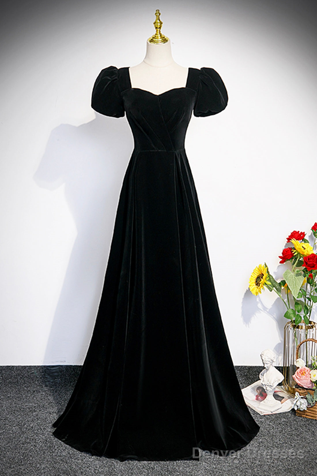 Black Velvet Short Sleeve Floor Length Prom Dress, Simple A-Line Evening Party Dress Main image
