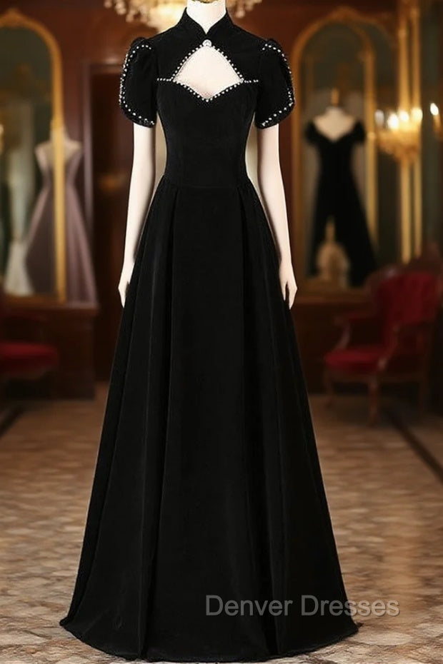 Black Velvet Short Sleeve High Neck Prom Dress Main image