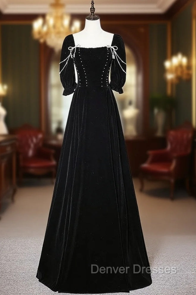 Black Velvet Short Sleeve Pearls Prom Dress Main image