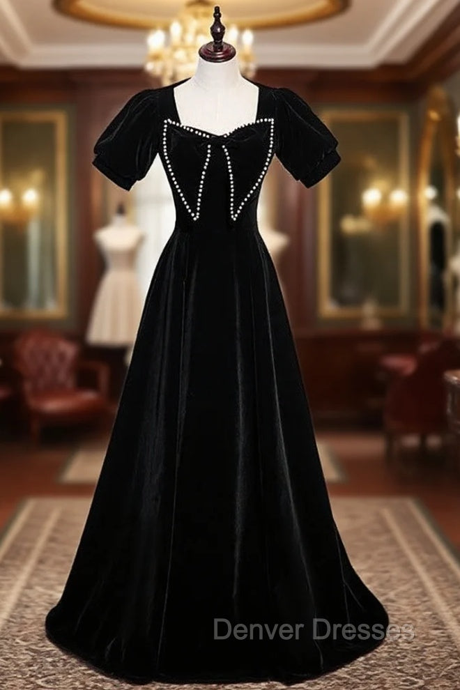 Black Velvet Short Sleeve Pearls Prom Dress Main image