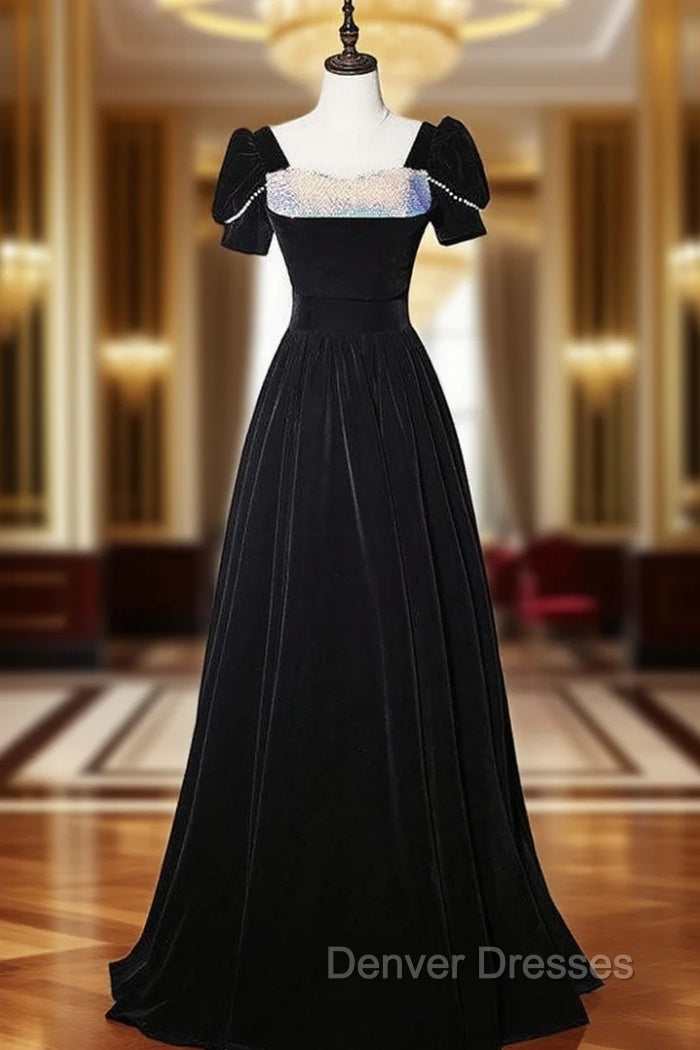 Black Velvet Short Sleeve Sequins Prom Dress Main image