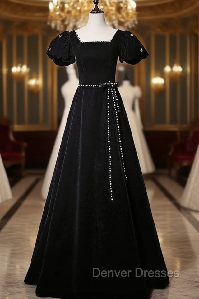 Black Velvet Short Sleeve Square Neck Pearls Prom Dress Main image
