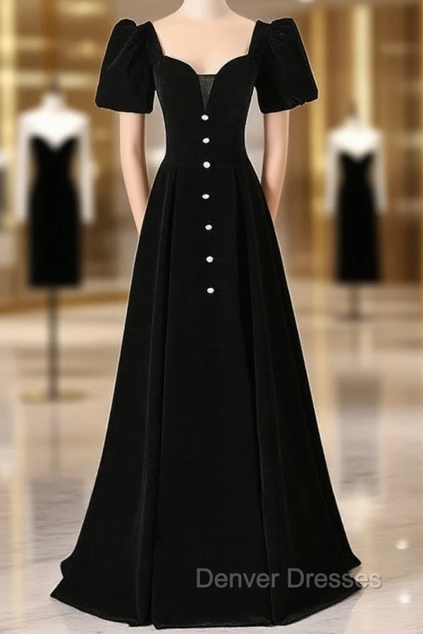 Black Velvet Short Sleeve Square Neck Prom Dress Main image