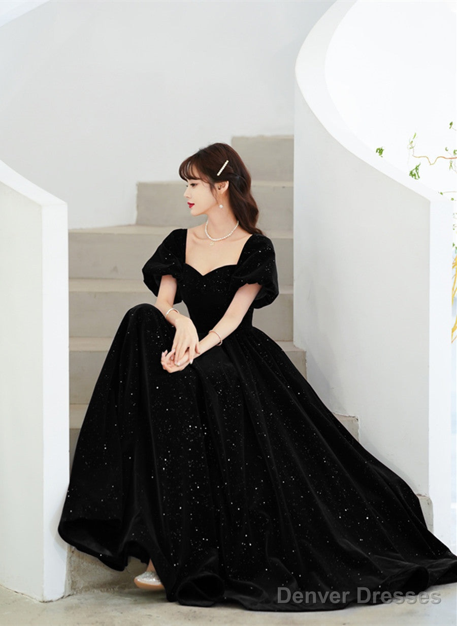 Black Velvet Short Sleeves A-Line Lace-Up Party Dress, Black Long Wedding Party Dress Secondary image