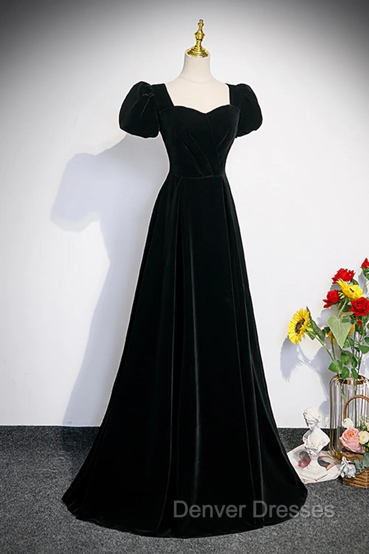 Black Velvet Short Sleeves Floor Length Long Prom Dress, Black Velvet Long Formal Evening Dress Secondary image