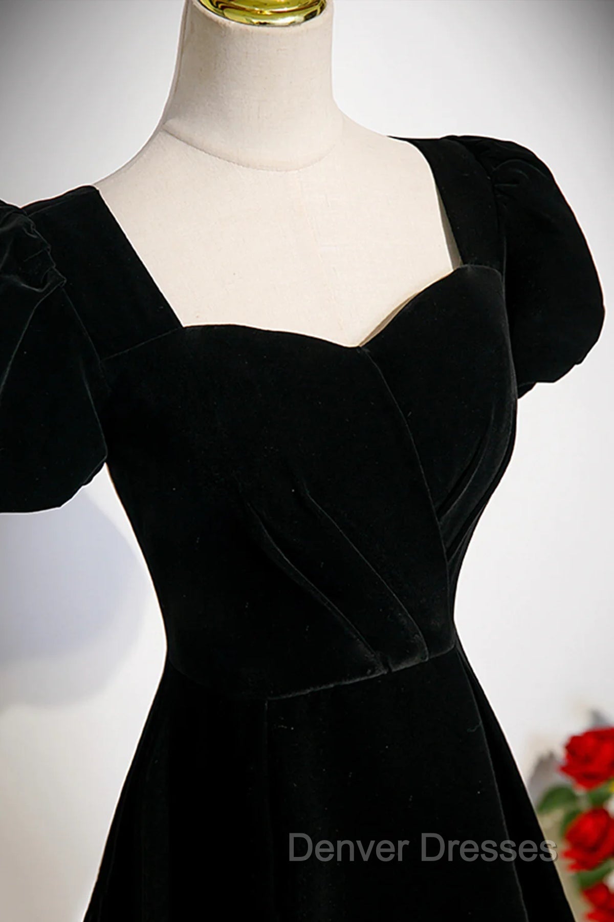 Black Velvet Short Sleeves Floor Length Long Prom Dress, Black Velvet Long Formal Evening Dress