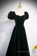Black Velvet Short Sleeves Floor Length Long Prom Dress, Black Velvet Long Formal Evening Dress