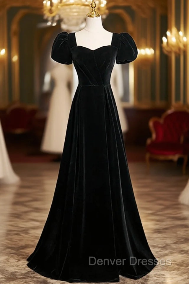 Black Velvet Short Sleeves Floor Length Long Prom Dress, Black Velvet Long Formal Evening Dress Main image