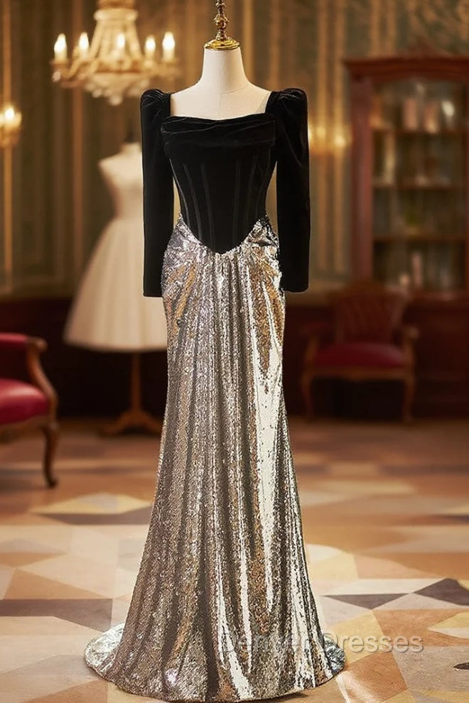 Black Velvet Silver Sequins Long Sleeve Prom Dress Main image
