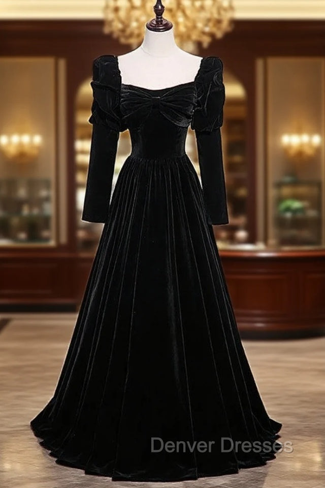 Black Velvet Square Bow Long Sleeve Prom Dress