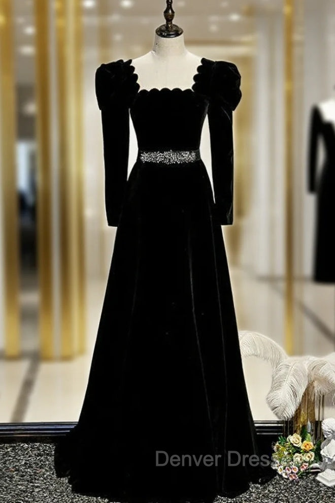 Black Velvet Square Long Sleeve Prom Dress With Belt Main image
