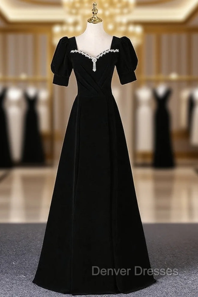 Black Velvet Square Neck Short Sleeve Beading Prom Dress