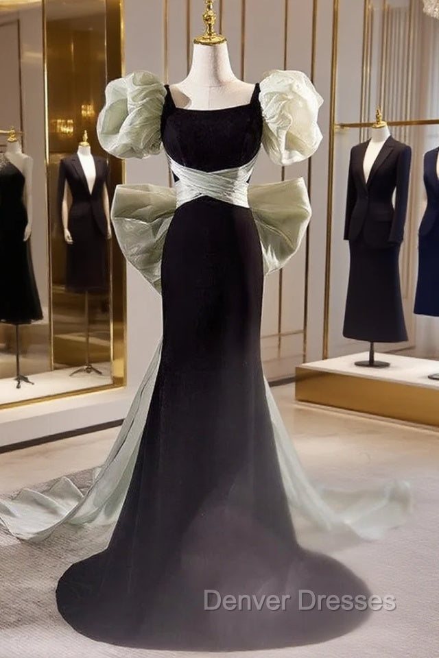 Black Velvet Square Puff Sleeve Prom Dress With Bow Main image