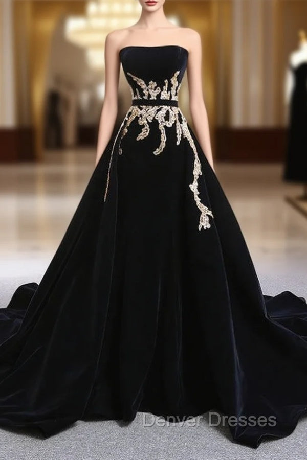 Black Velvet Strapless Crystal With Long Train Wedding Dress Main image
