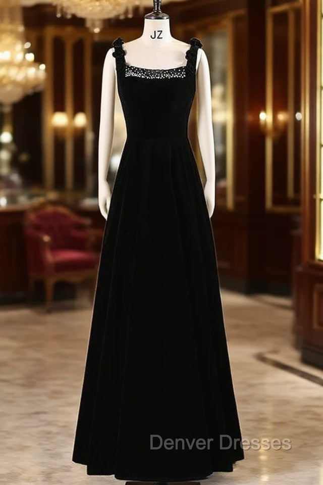 Black Velvet Straps Beading Prom Dress Main image