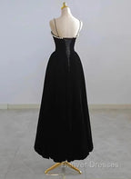 Black Velvet Straps Tea Length Party Dress, Black Velvet Homecoming Dress