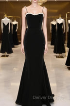 Black Velvet Straps Tea Length Party Dress, Black Velvet Homecoming Dress