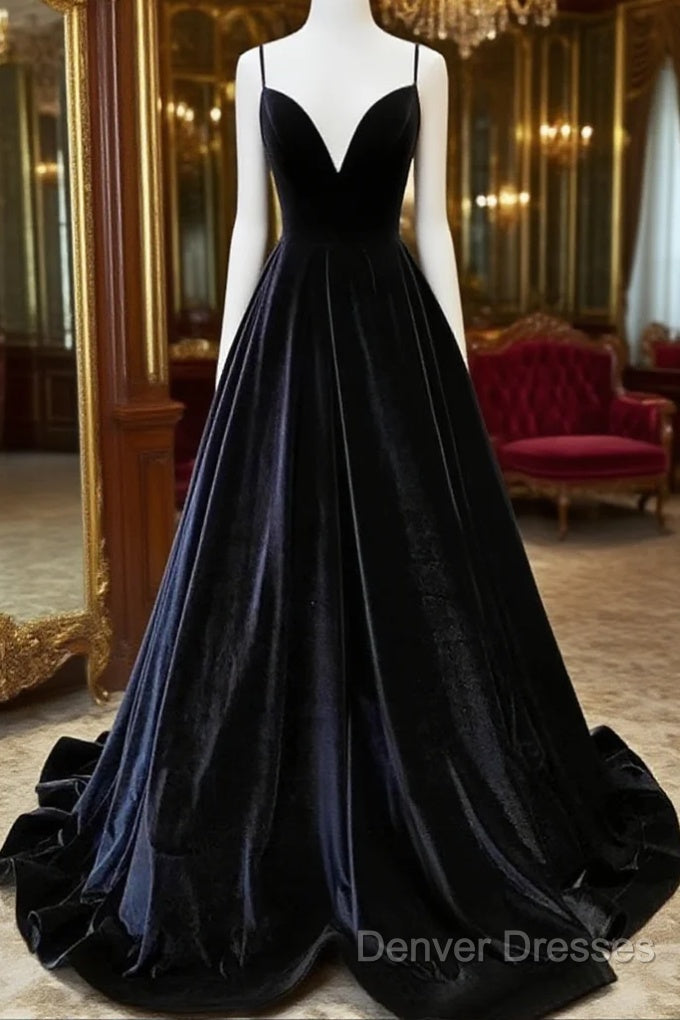 Black Velvet Straps V-Neckline Long Party Dress, A-Line Velvet Prom Dress Main image