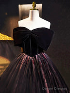 Black Velvet Tulle Long Prom Dress With Rose Print Pattern, Elegant Off The Shoulder Party Dress