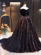 Black Velvet Tulle Long Prom Dress With Rose Print Pattern, Elegant Off The Shoulder Party Dress